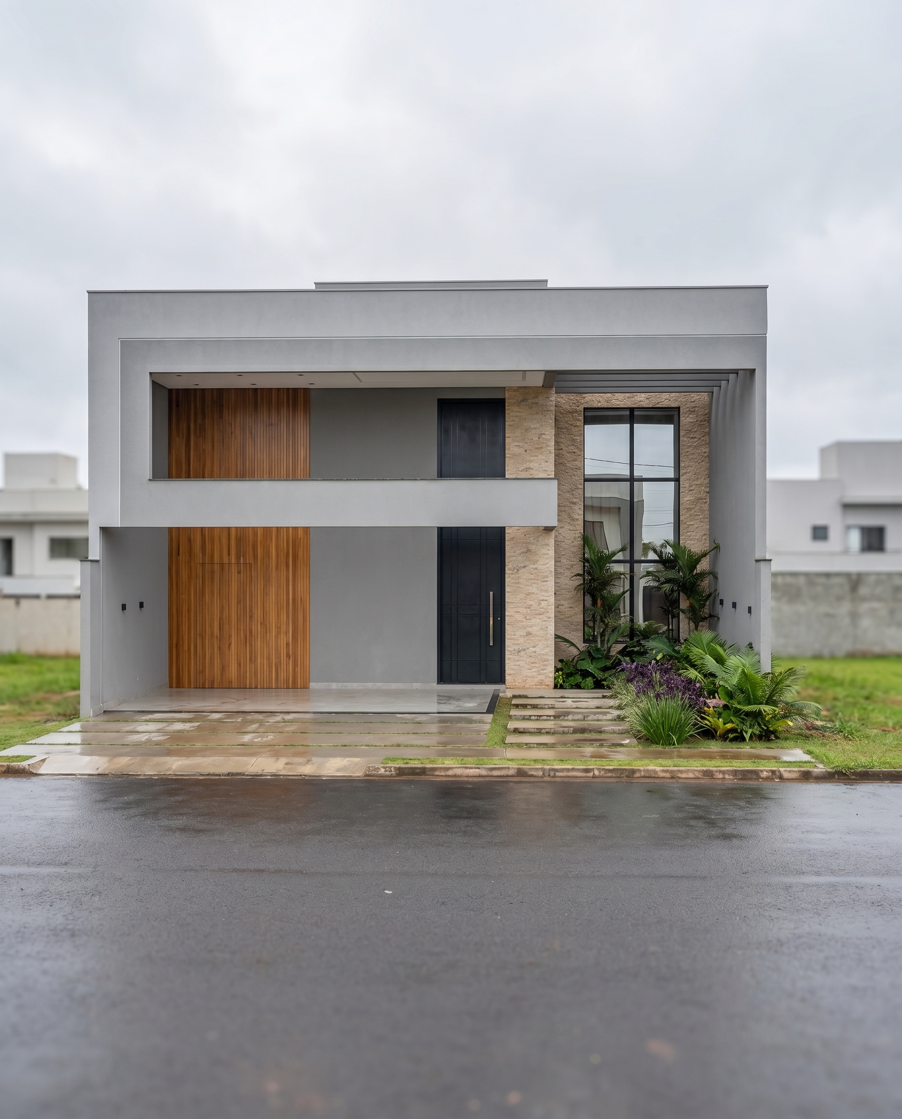 Fachada da residência Lidia e Carlos com volumes contemporâneos em cinza concreto, ripado de madeira cumaru e pedra natural bege