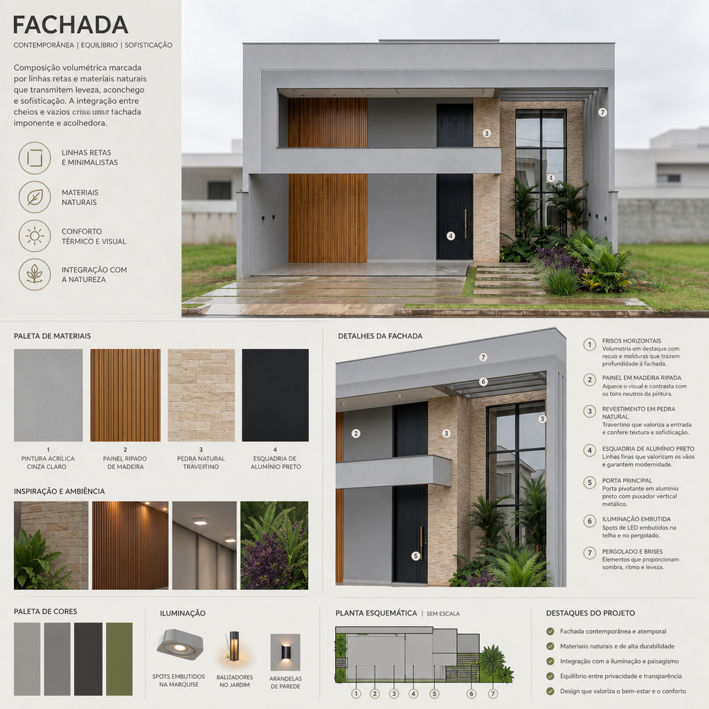 Mood board 1 da fachada com paleta e referências de materiais